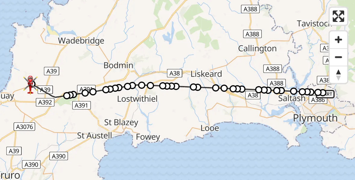Flight route Air Ambulance Helicopter Derriford Hospital - Cornwall Airport Newquay, 16 May 2026, 01:03