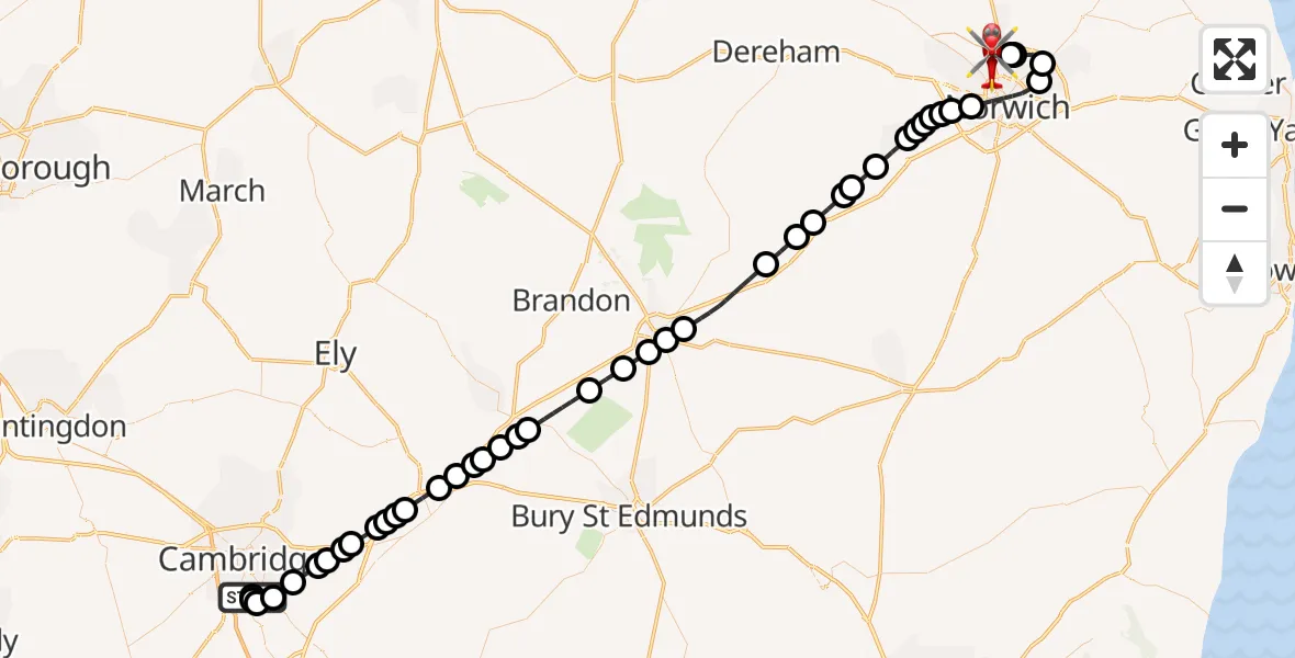 Flight route Air Ambulance Helicopter Papworth Hospital - Norwich Airport, 16 May 2026, 01:11