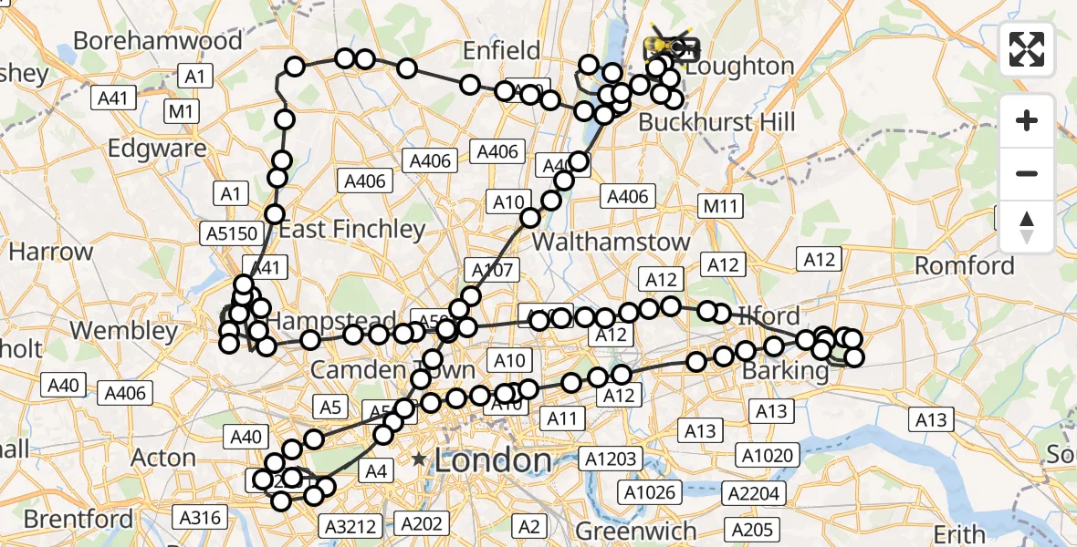 Flight route Police Helicopter Metropolitan Police Air Support Unit Lippitts Hill - Metropolitan Police Air Support Unit Lippitts Hill, 16 May 2026, 01:13