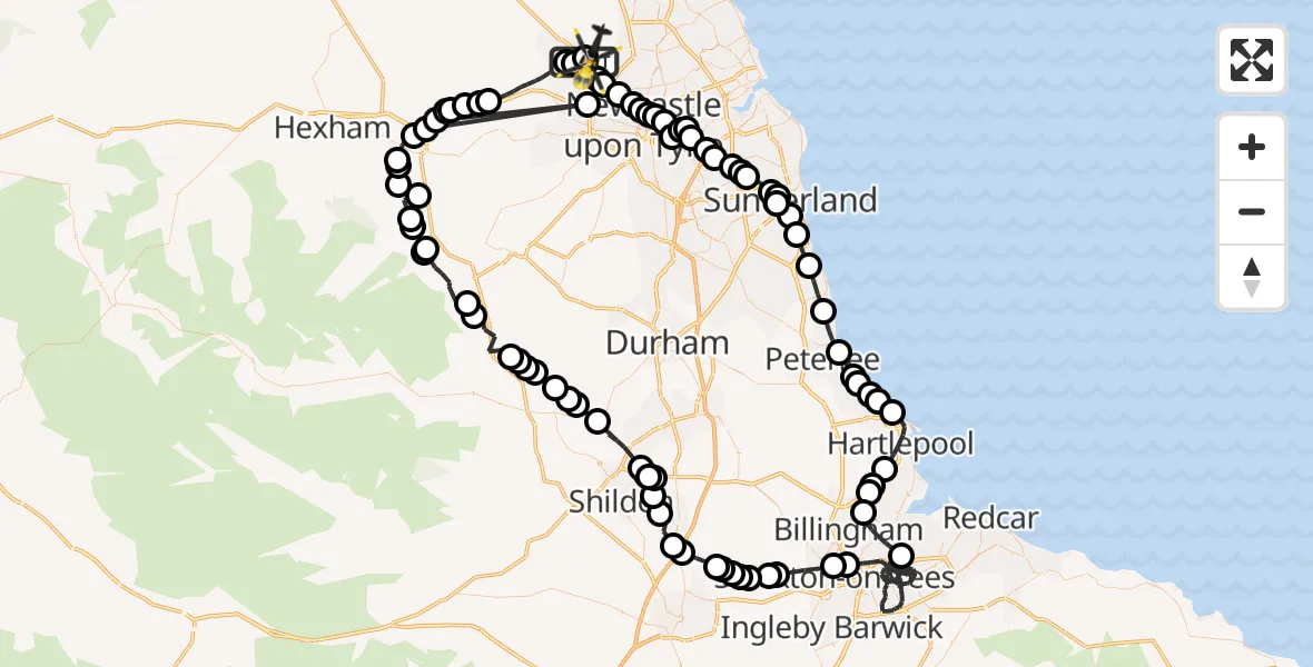 Flight route Police Helicopter Newcastle International Airport - Newcastle International Airport, 16 May 2026, 01:56
