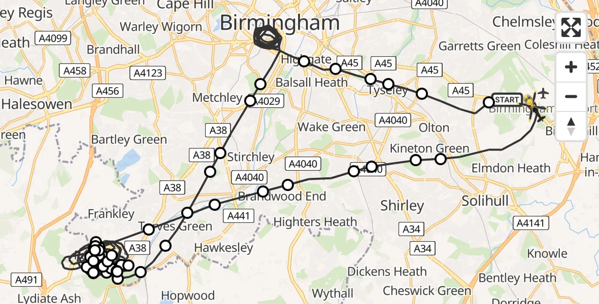 Flight route Police Helicopter Birmingham Airport - Solihull, 16 May 2026, 02:41