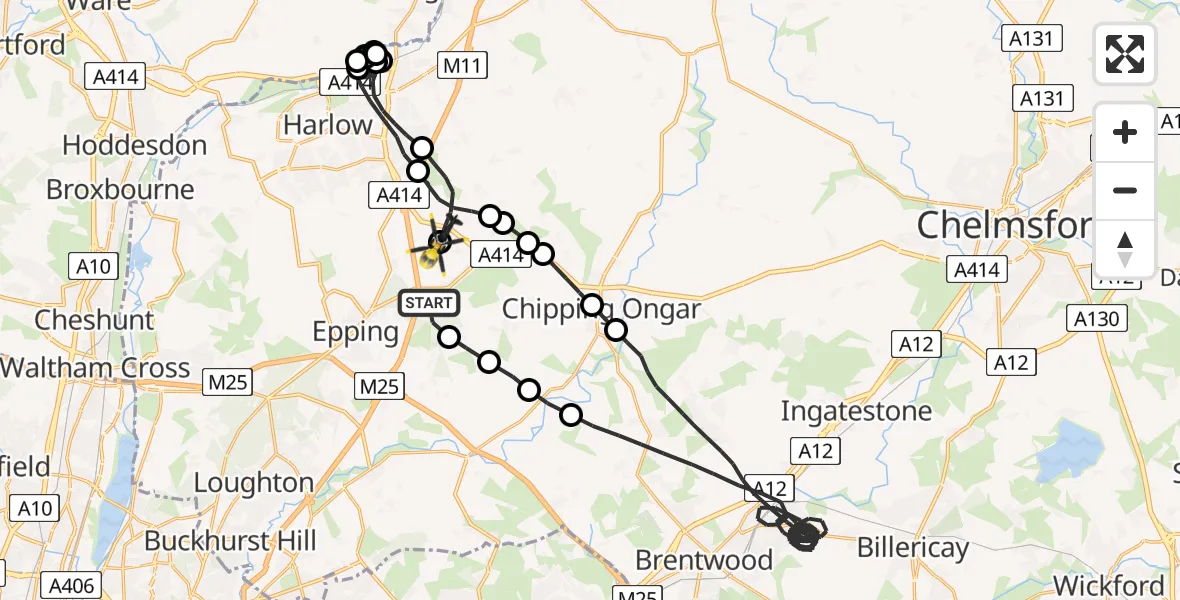 Flight route Police Helicopter Coopersale - North Weald Airfield, 16 May 2026, 03:41