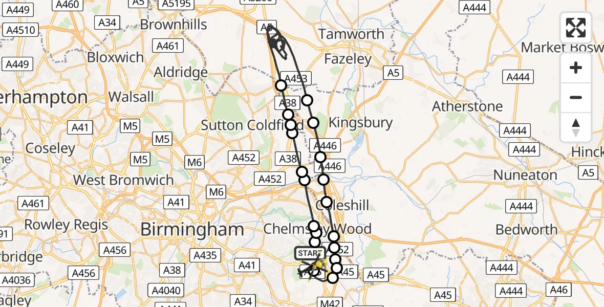 Flight route Police Helicopter Birmingham Airport - Birmingham Airport, 16 May 2026, 05:02