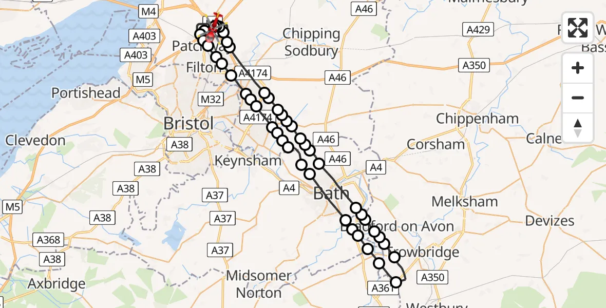Flight route Air Ambulance Helicopter Almondsbury Helicopter Base - Almondsbury Helicopter Base, 16 May 2026, 06:31