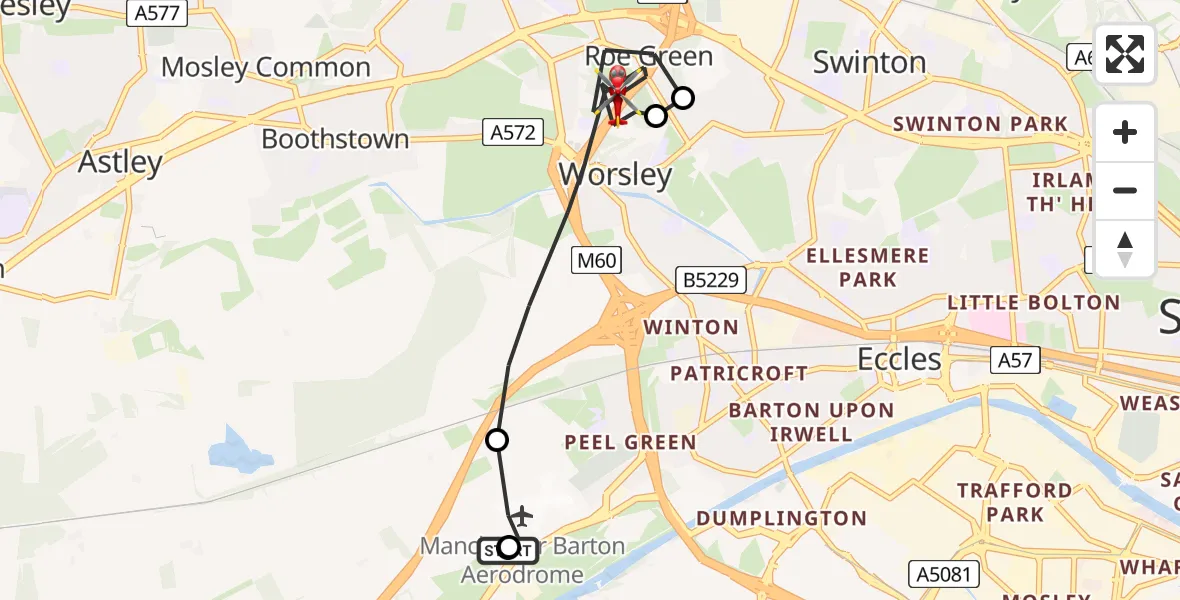 Flight route Air Ambulance Helicopter Manchester Barton Aerodrome - Worsley, 16 May 2026, 06:46