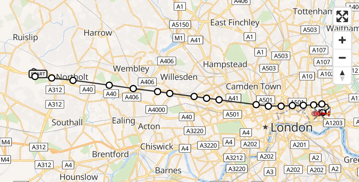 Flight route Air Ambulance Helicopter RAF Northolt - Royal London Hospital, 16 May 2026, 07:06