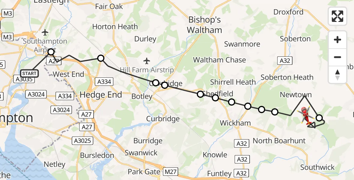 Flight route Air Ambulance Helicopter Bitterne Park - Winchester, 16 May 2026, 07:07