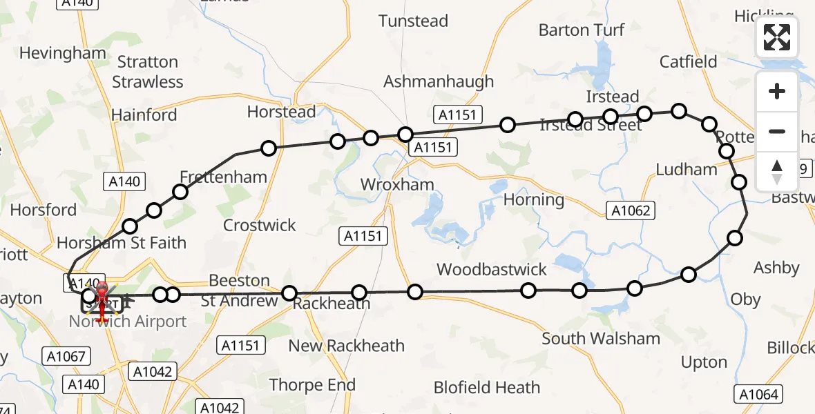 Flight route Air Ambulance Helicopter Norwich Airport - Norwich Airport, 16 May 2026, 07:15