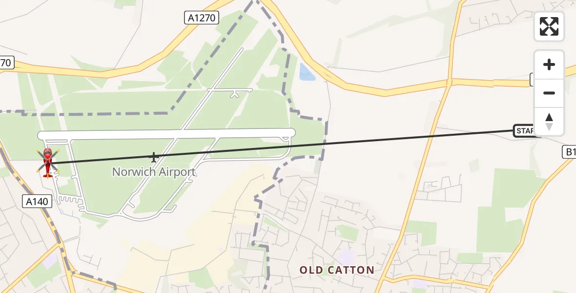 Flight route Air Ambulance Helicopter Beeston St Andrew - Norwich Airport, 16 May 2026, 07:45