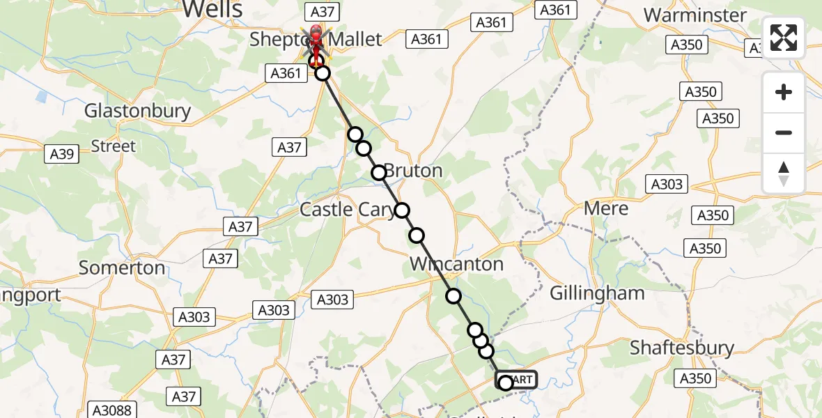 Flight route Air Ambulance Helicopter Henstridge Airfield - Shepton Mallet, 16 May 2026, 07:47