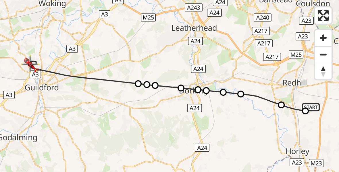 Flight route Air Ambulance Helicopter Redhill Aerodrome - Guildford, 16 May 2026, 07:58
