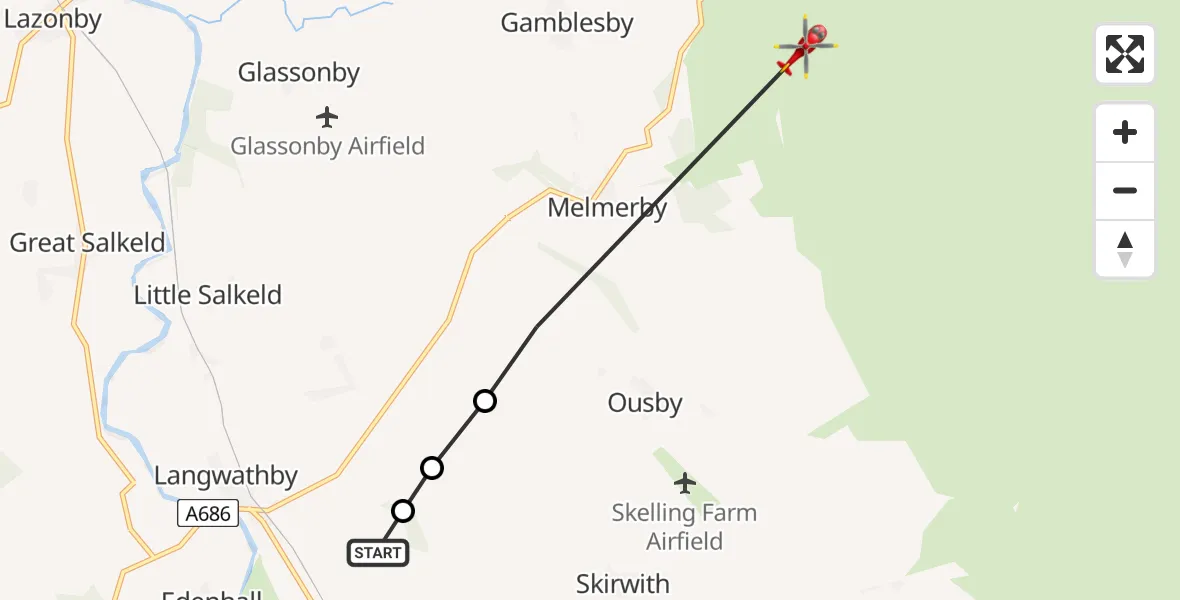 Flight route Air Ambulance Helicopter Skirwith - Glassonby, 16 May 2026, 07:58