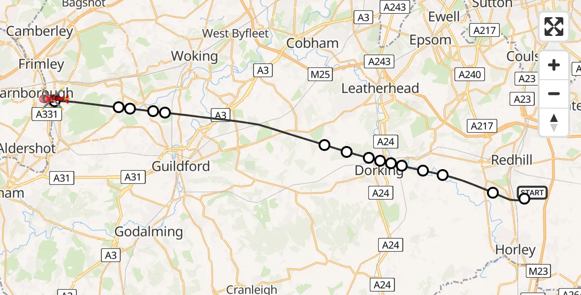 Flight route Air Ambulance Helicopter Redhill Aerodrome - Mytchett, 16 May 2026, 08:05