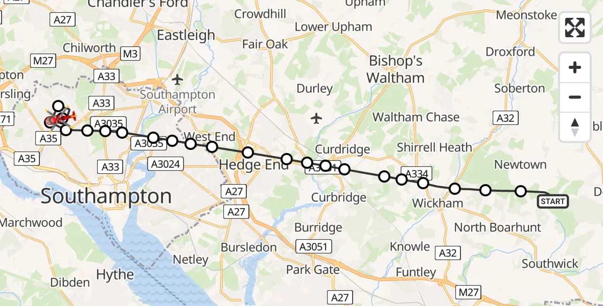 Flight route Air Ambulance Helicopter Winchester - University Hospital Southampton, 16 May 2026, 08:15