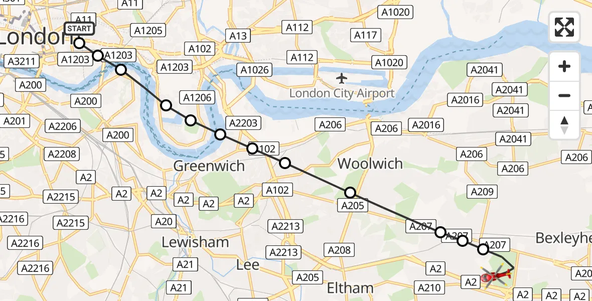 Flight route Air Ambulance Helicopter Royal London Hospital - Welling, 16 May 2026, 08:55