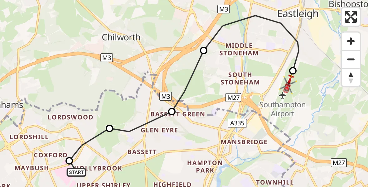 Flight route Air Ambulance Helicopter University Hospital Southampton - Southampton Airport, 16 May 2026, 08:58