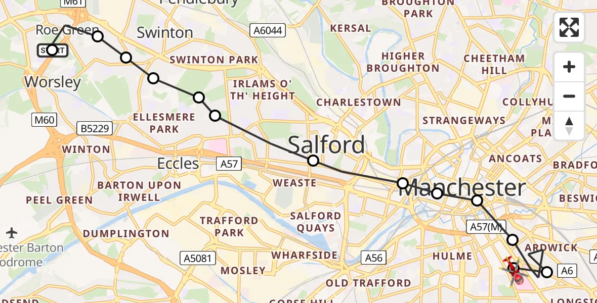 Flight route Air Ambulance Helicopter Worsley - Chorlton-on-Medlock, 16 May 2026, 08:59