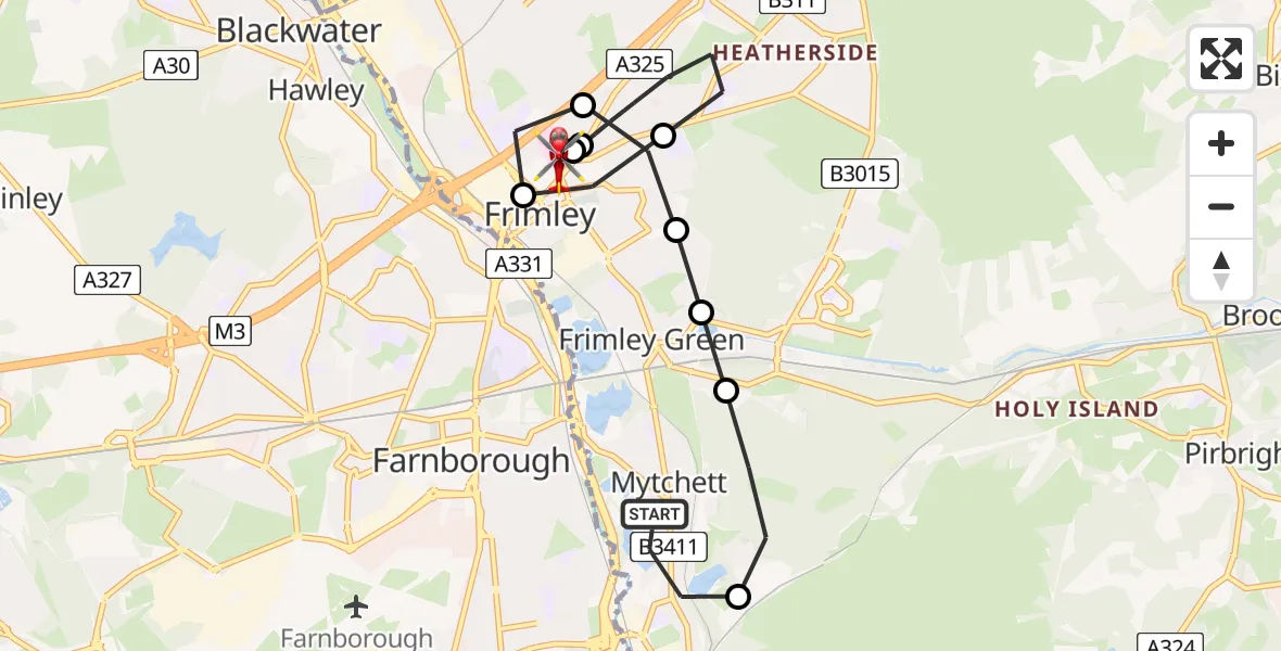 Flight route Air Ambulance Helicopter Mytchett - Frimley Park Hospital, 16 May 2026, 09:00