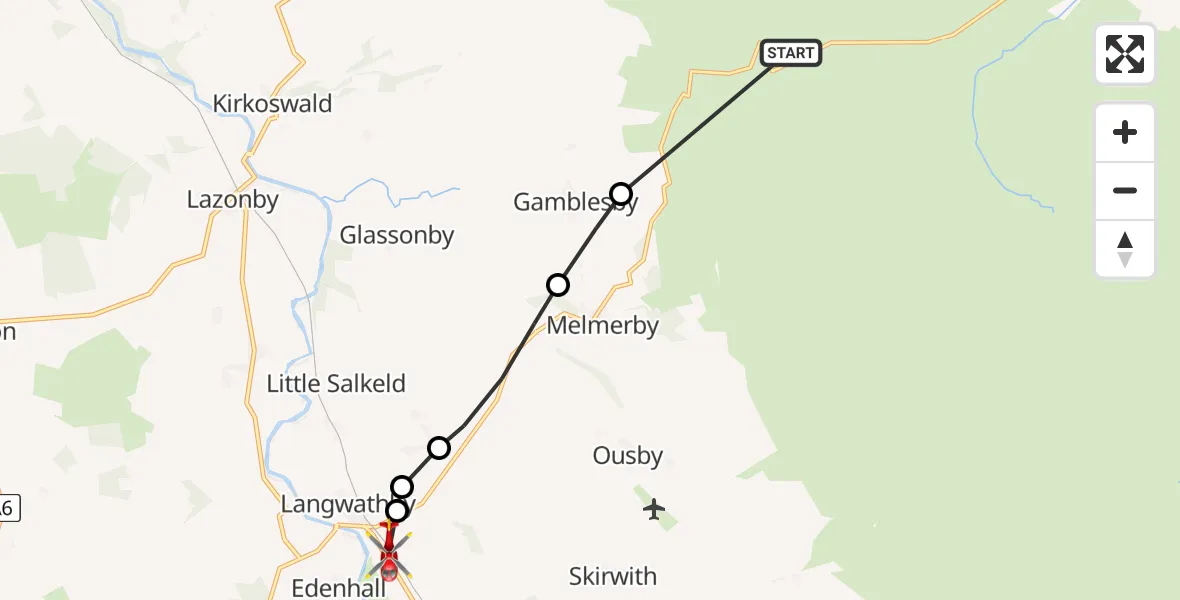 Flight route Air Ambulance Helicopter Glassonby - Langwathby, 16 May 2026, 09:08