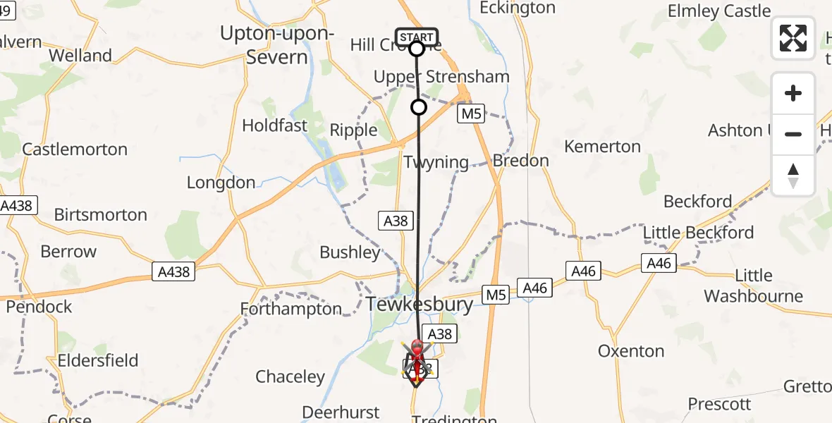 Flight route Air Ambulance Helicopter Hill Croome - Tewkesbury, 16 May 2026, 09:08