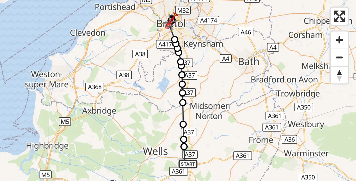 Flight route Air Ambulance Helicopter Shepton Mallet - Bristol Royal Infirmary, 16 May 2026, 09:09