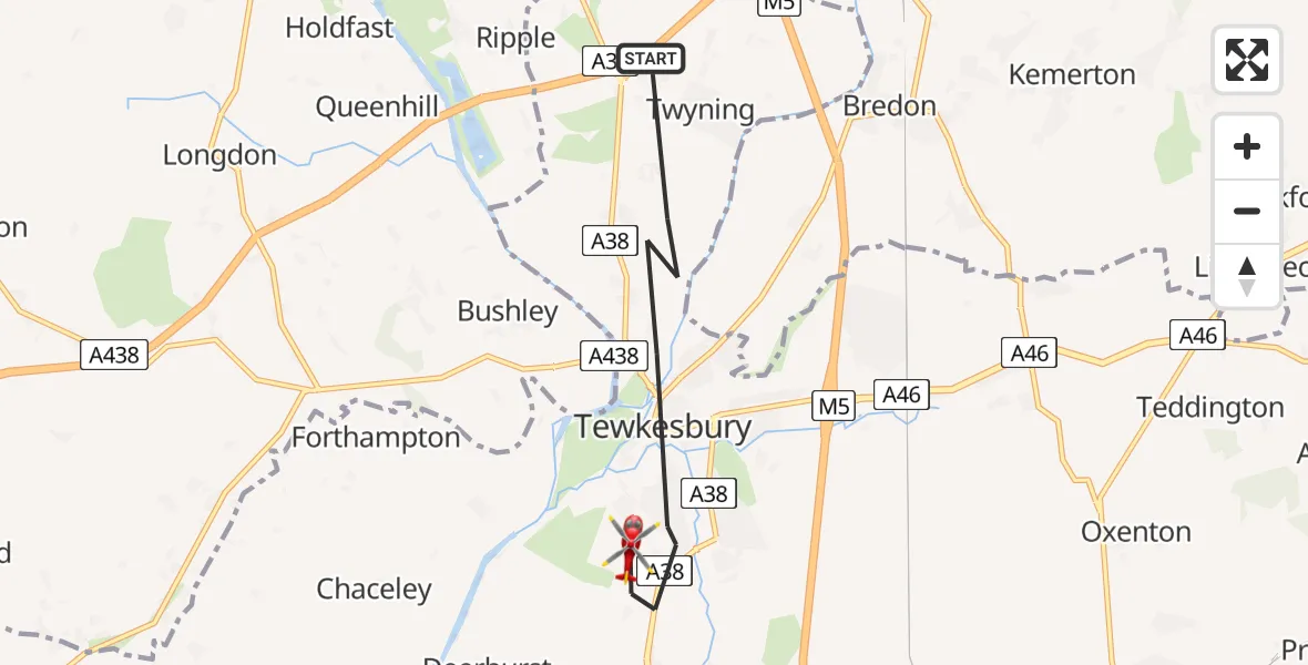 Flight route Air Ambulance Helicopter Tewkesbury - Tewkesbury, 16 May 2026, 09:10