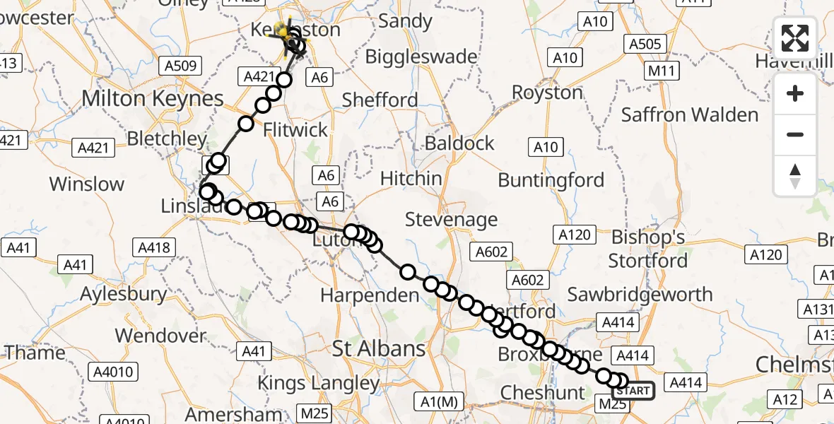 Flight route Police Helicopter Epping - Stewartby, 16 May 2026, 09:10