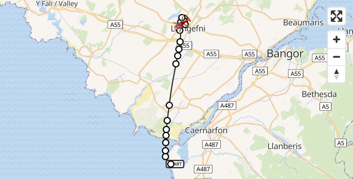Flight route Air Ambulance Helicopter Caernarfon Airport - Rhosmeirch, 16 May 2026, 09:13