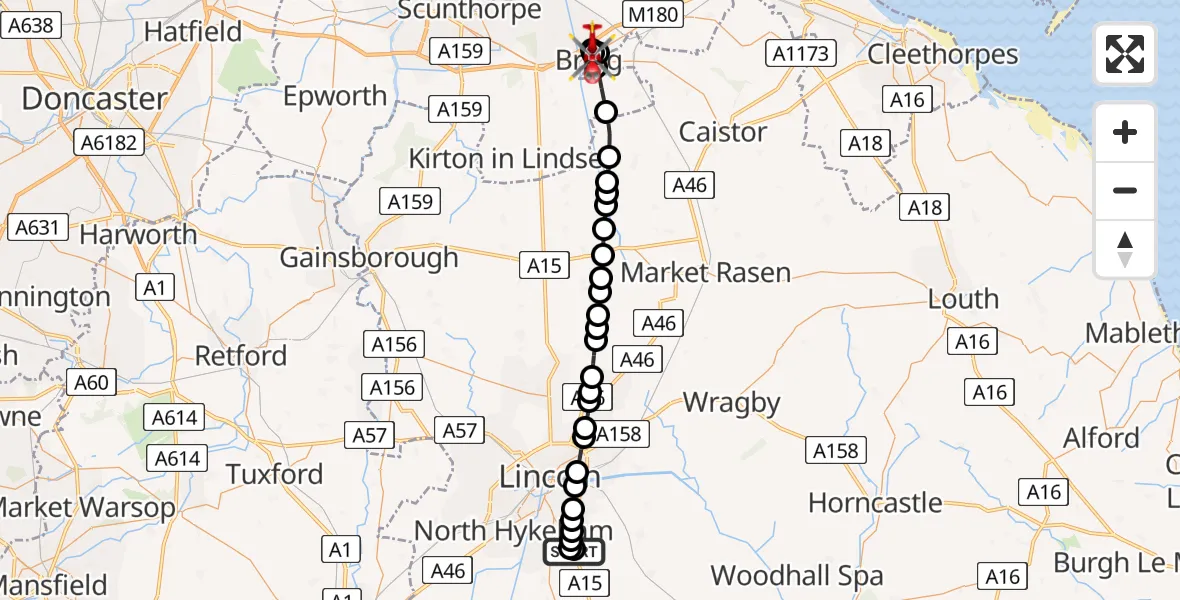Flight route Air Ambulance Helicopter RAF Waddington - Wrawby, 16 May 2026, 09:23