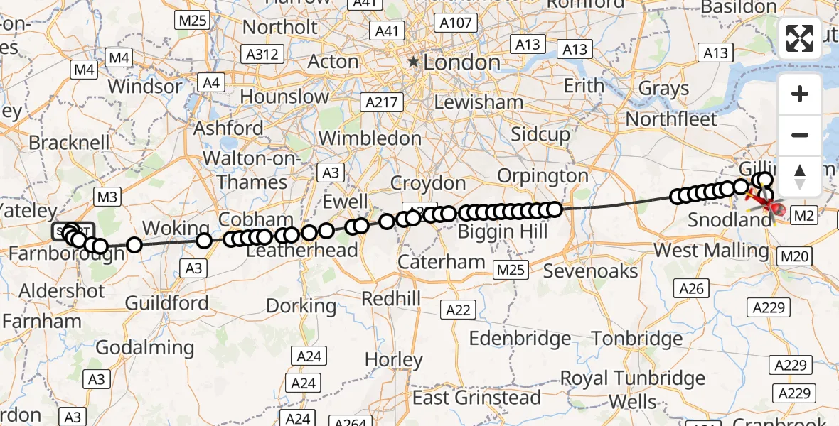 Flight route Air Ambulance Helicopter Frimley Park Hospital - Rochester Airport, 16 May 2026, 09:32