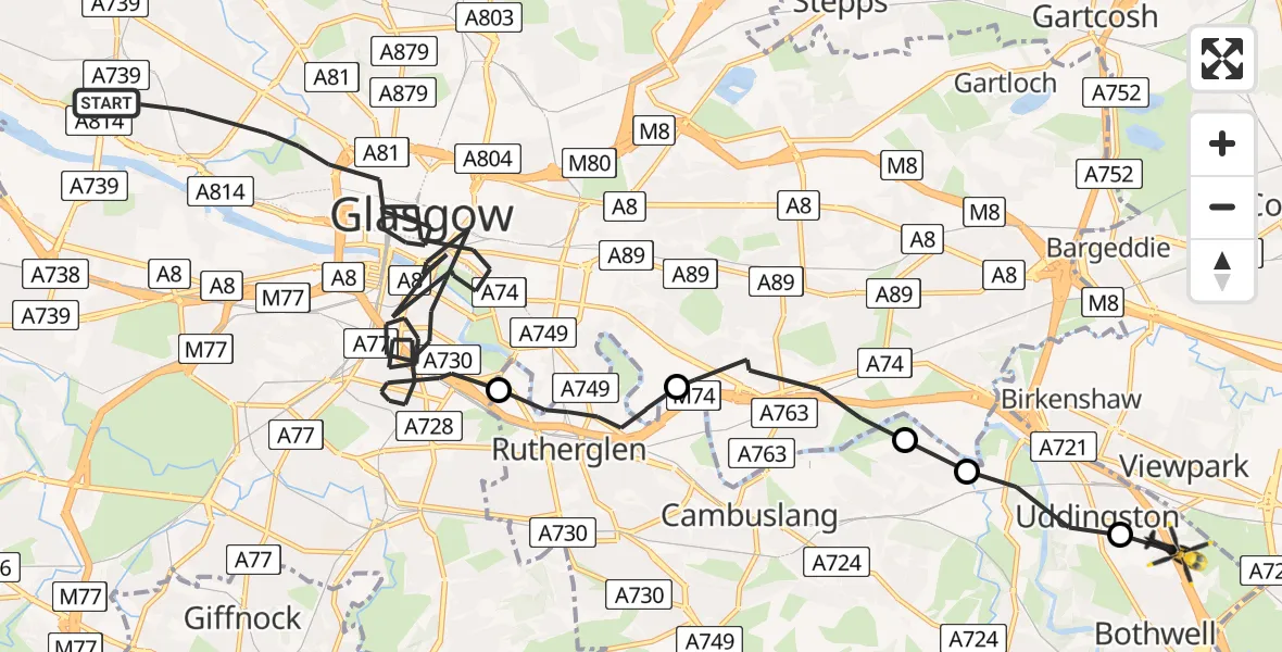 Flight route Police Helicopter Glasgow - Bothwell, 16 May 2026, 09:32