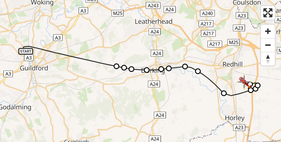 Flight route Air Ambulance Helicopter Guildford - Redhill Aerodrome, 16 May 2026, 09:36