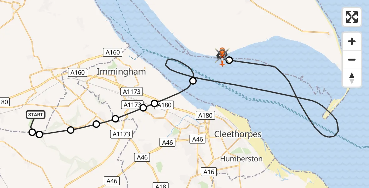 Flight route Coastguard Helicopter Humberside Airport - Sunk Island, 16 May 2026, 09:40