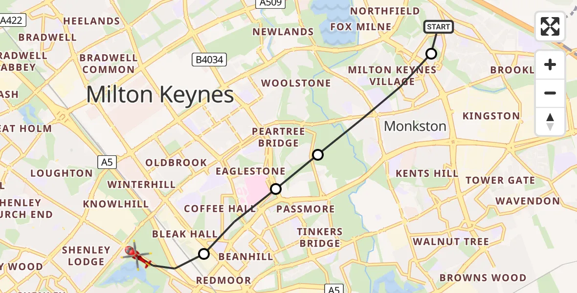 Flight route Air Ambulance Helicopter Brook Furlong - Bletchley, 16 May 2026, 09:42