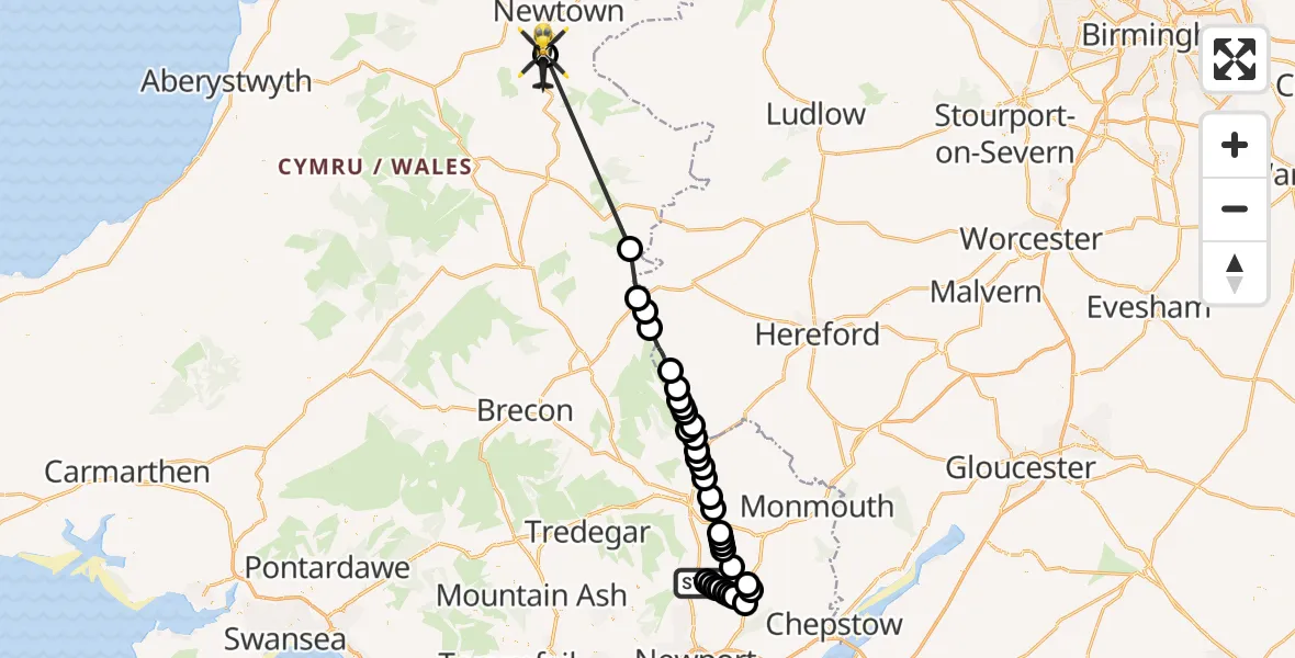 Flight route Police Helicopter Glascoed - Kerry, 16 May 2026, 09:43