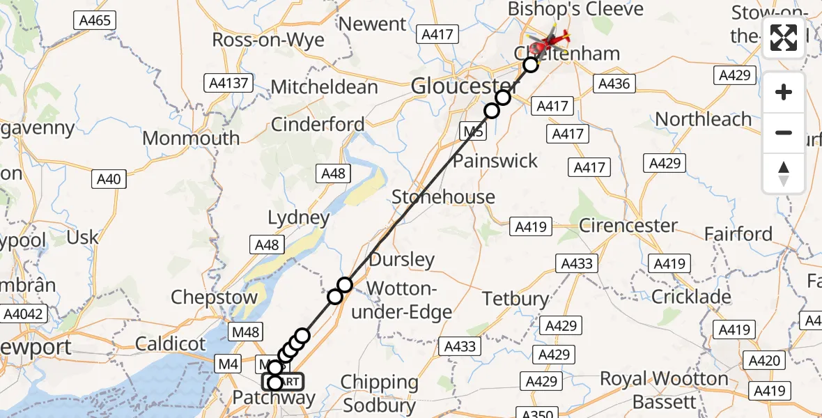 Flight route Air Ambulance Helicopter Almondsbury Helicopter Base - Cheltenham, 16 May 2026, 09:52