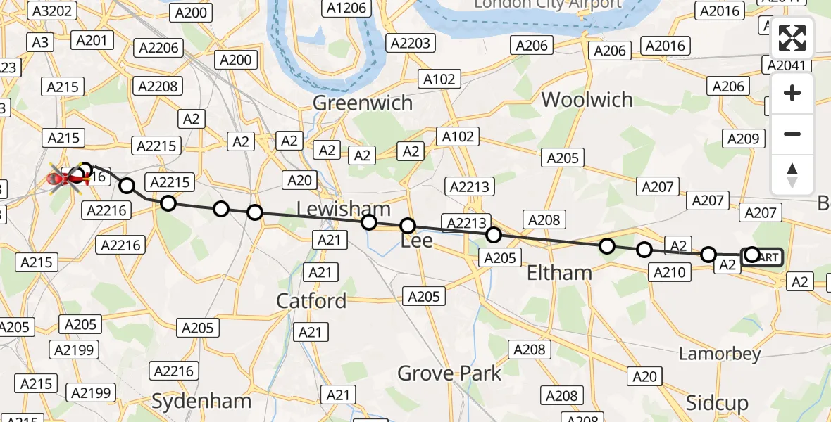 Flight route Air Ambulance Helicopter Welling - Kings College London Hospital, 16 May 2026, 09:53