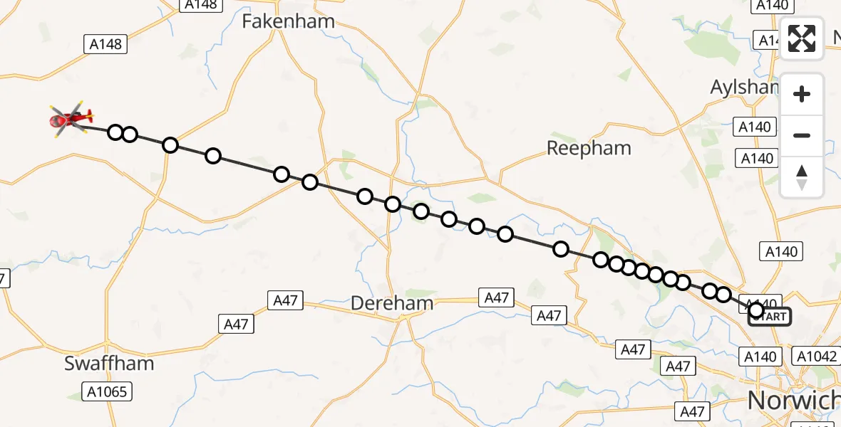 Flight route Air Ambulance Helicopter Norwich Airport - Great Massingham, 16 May 2026, 09:58
