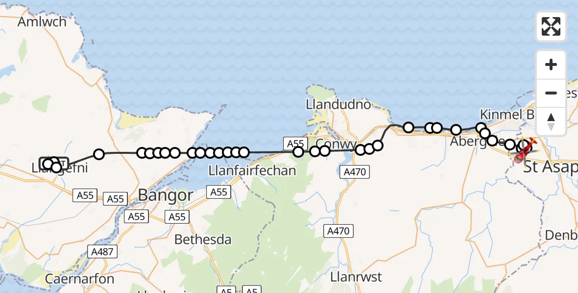 Flight route Air Ambulance Helicopter Llangefni - St Asaph, 16 May 2026, 10:02