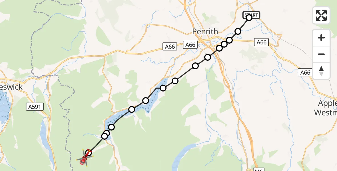 Flight route Air Ambulance Helicopter Langwathby - Patterdale, 16 May 2026, 10:10