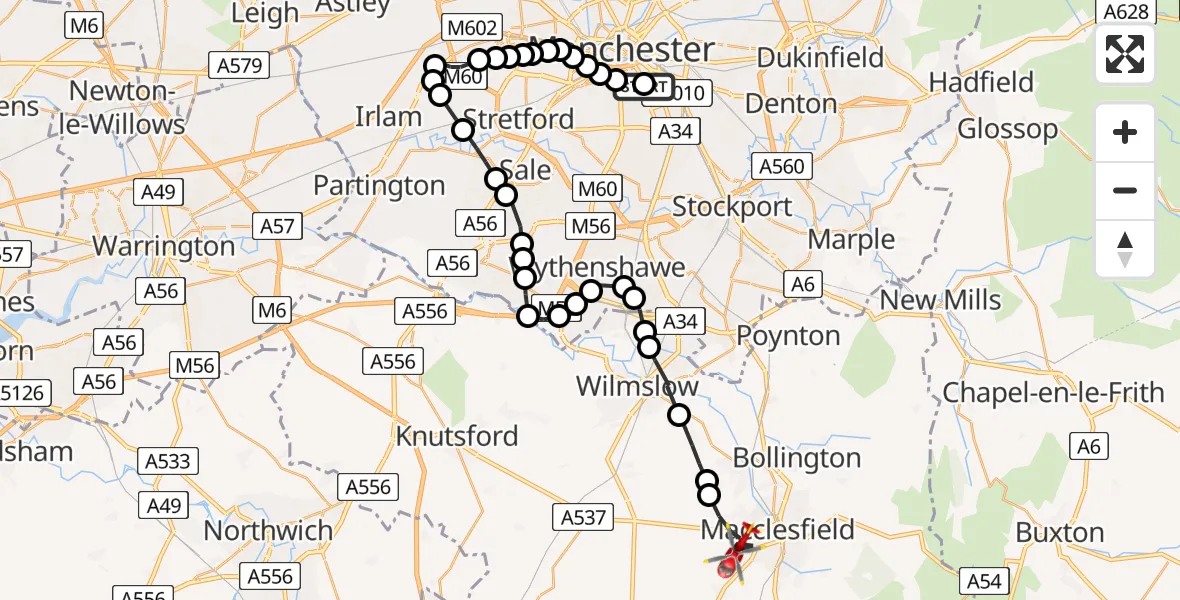 Flight route Air Ambulance Helicopter Ardwick - Macclesfield, 16 May 2026, 10:13