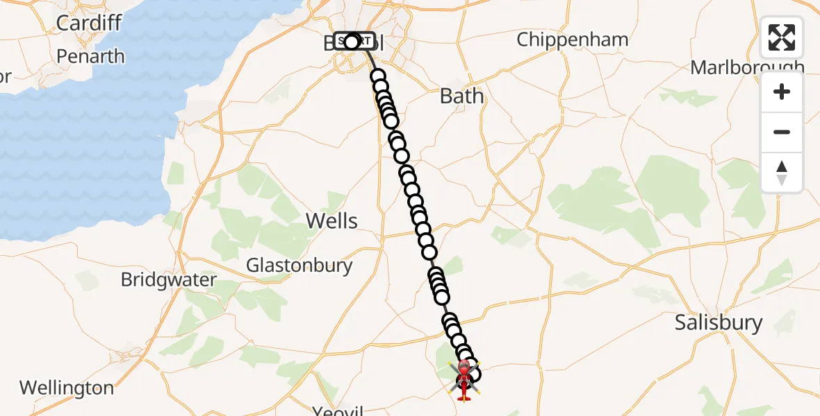 Flight route Air Ambulance Helicopter Bristol Royal Infirmary - Henstridge Airfield, 16 May 2026, 10:20