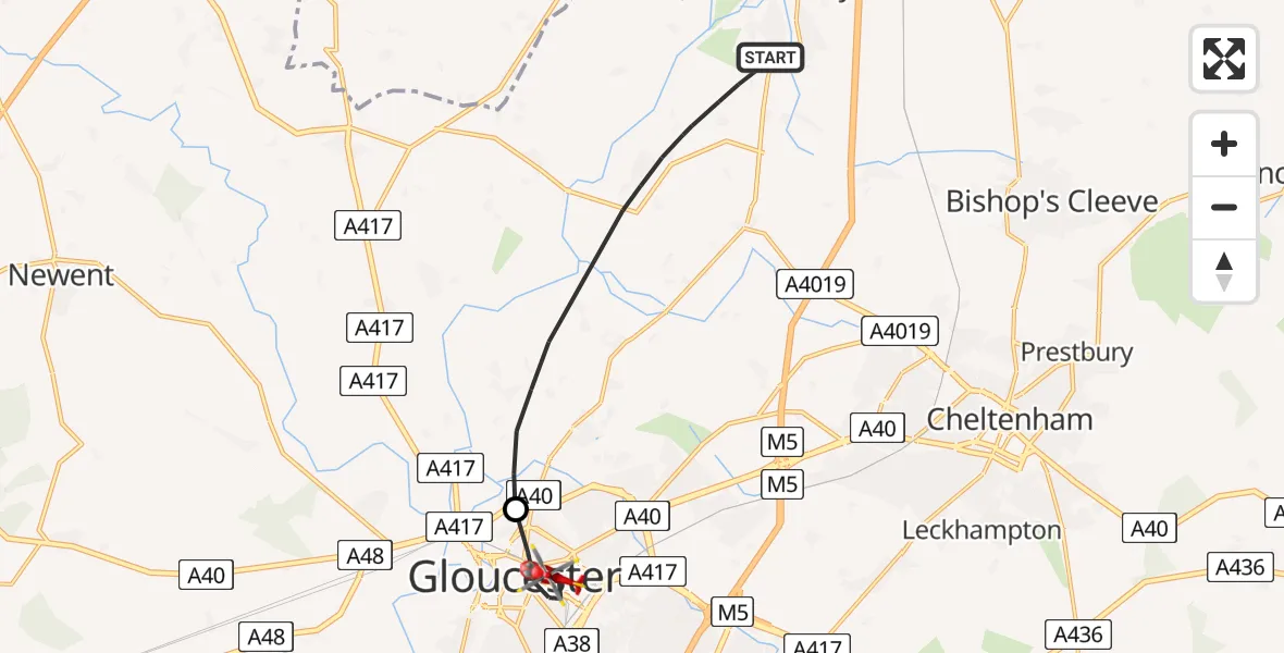 Flight route Air Ambulance Helicopter Tewkesbury - Gloucester, 16 May 2026, 10:20