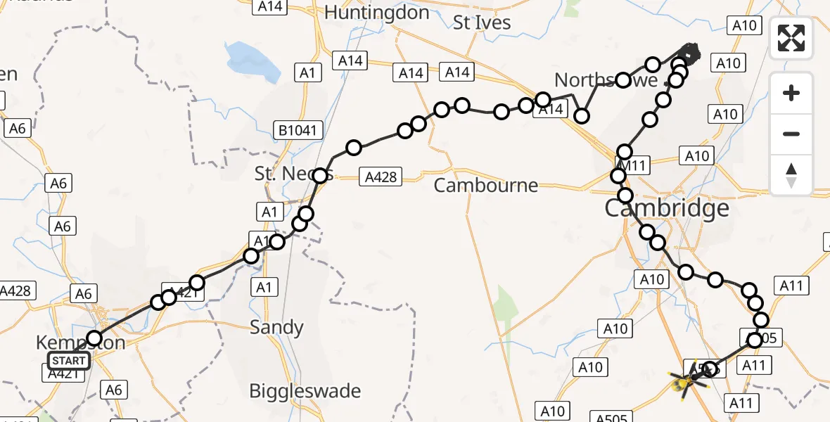 Flight route Police Helicopter Kempston - Whittlesford, 16 May 2026, 10:21