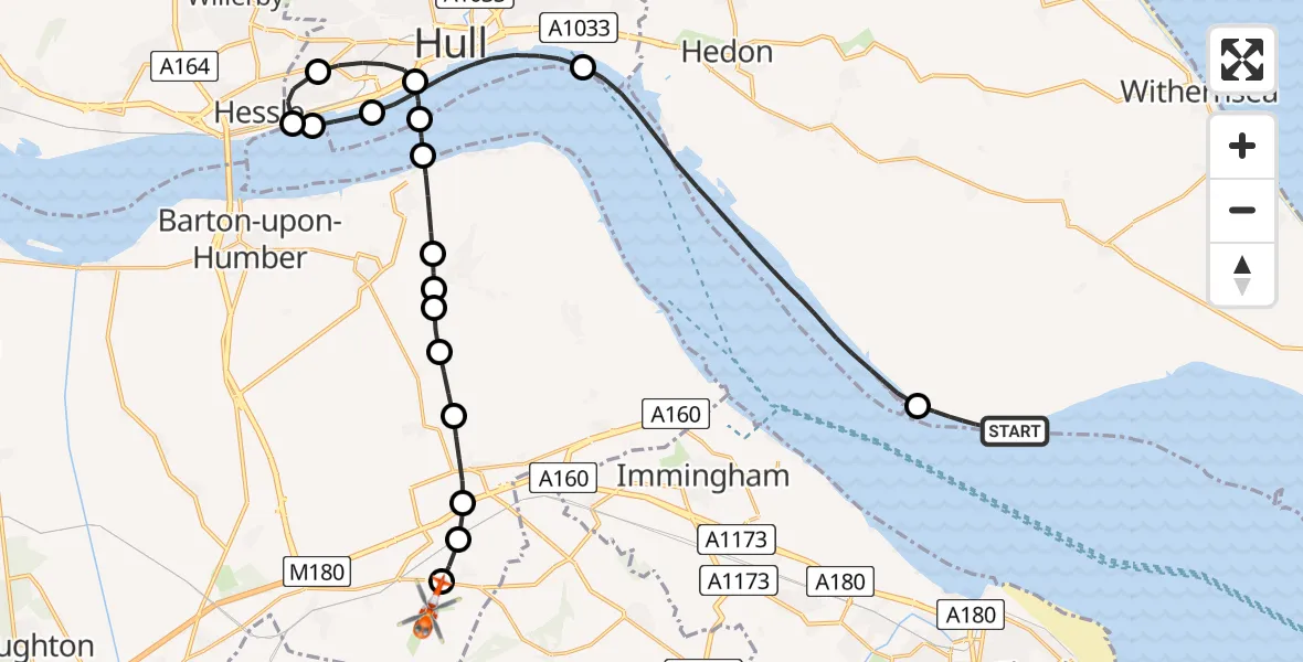 Flight route Coastguard Helicopter Sunk Island - Humberside Airport, 16 May 2026, 10:21