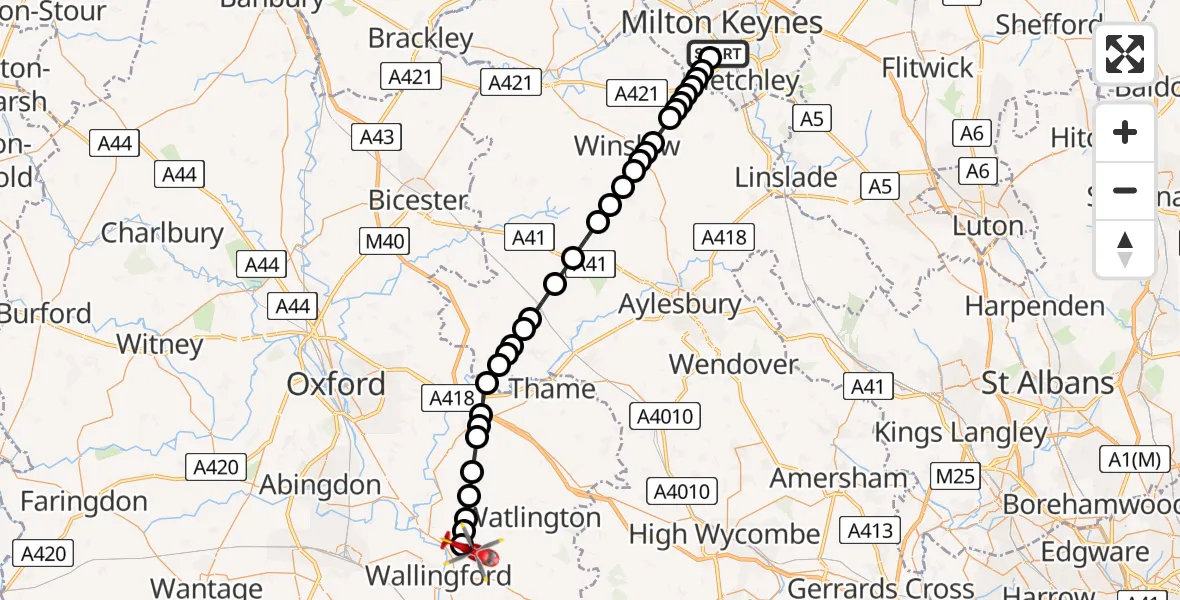 Flight route Air Ambulance Helicopter Bletchley - RAF Benson, 16 May 2026, 10:23