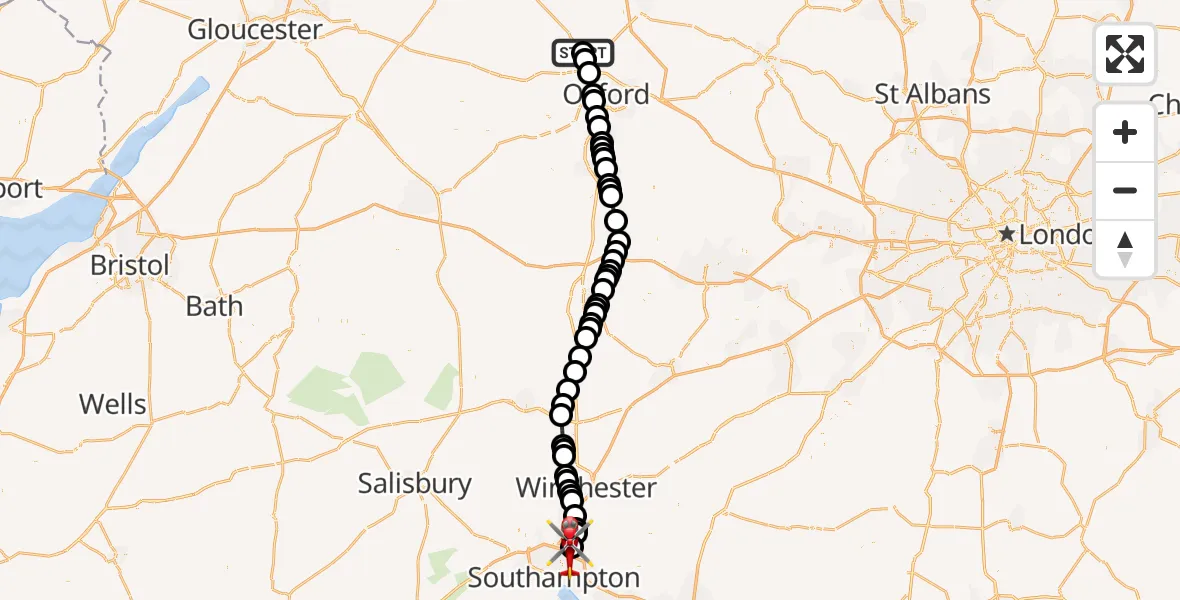 Flight route Air Ambulance Helicopter London Oxford Airport - Southampton Airport, 16 May 2026, 10:24