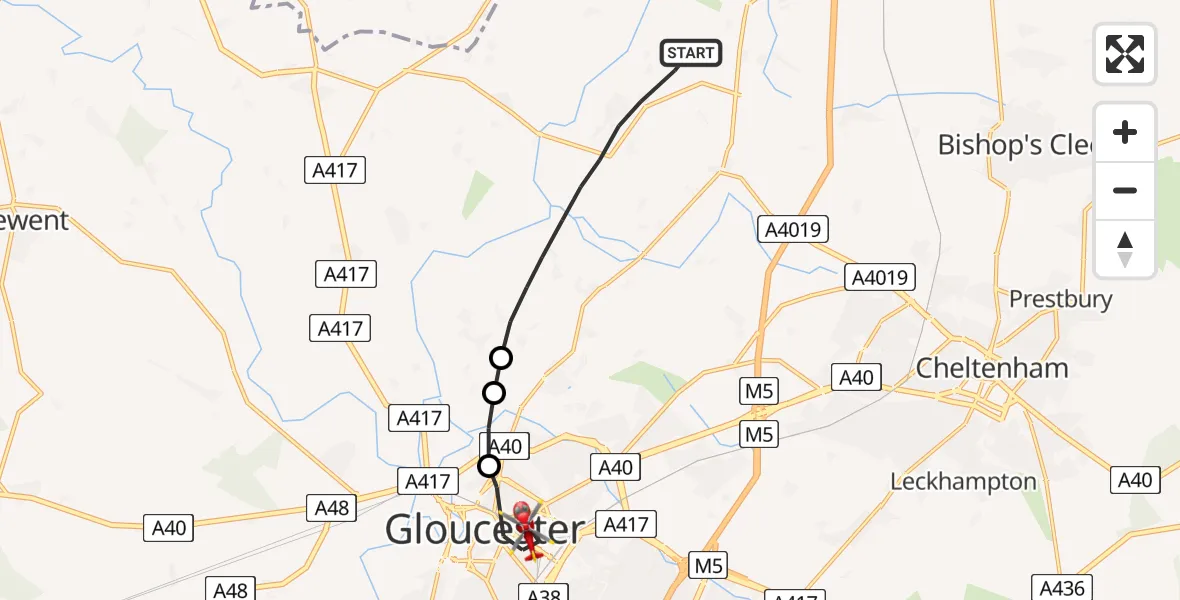 Flight route Air Ambulance Helicopter Tewkesbury - Gloucester, 16 May 2026, 10:25