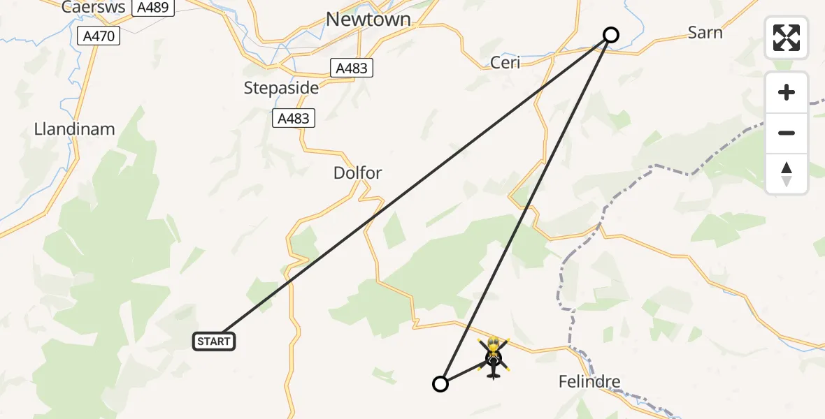 Flight route Police Helicopter Llanbadarn Fynydd - Dolfor, 16 May 2026, 10:27