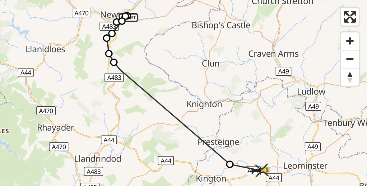 Flight route Police Helicopter Newtown - Pembridge, 16 May 2026, 10:48
